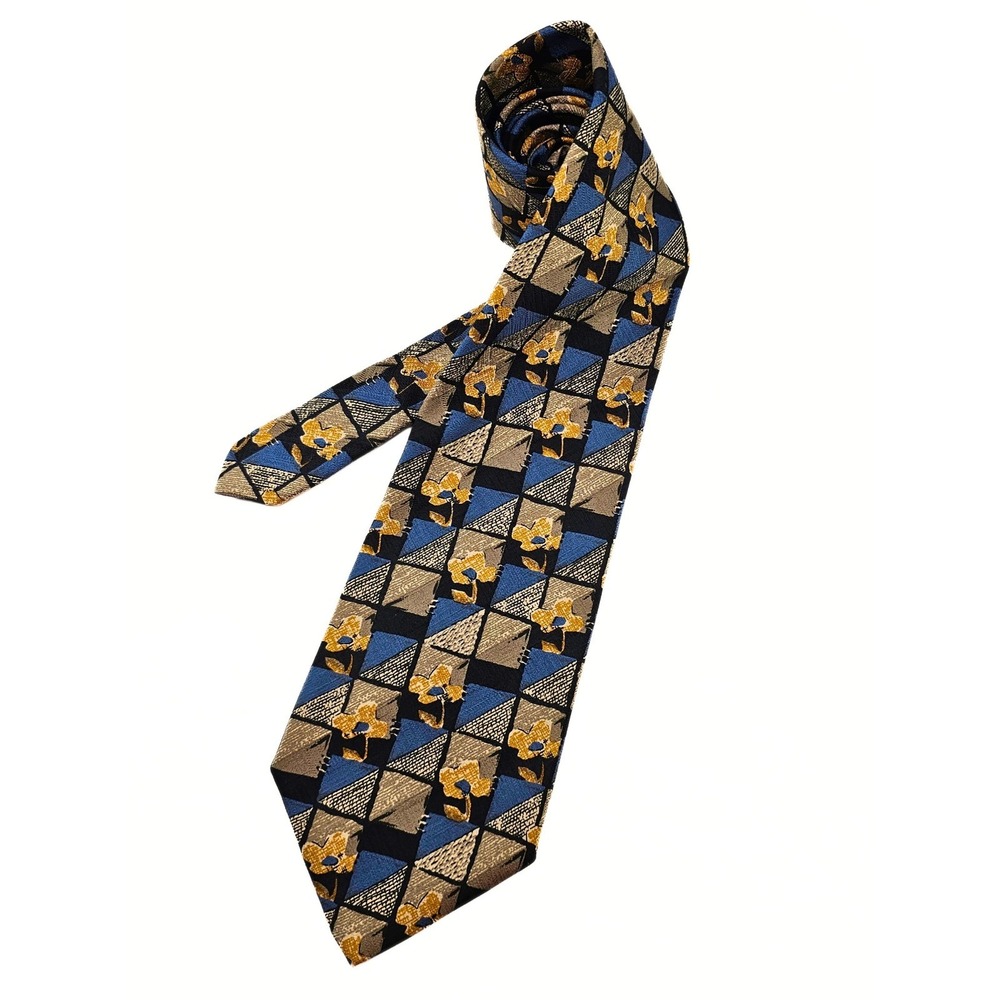 Repvbblica Men's Geometric Floral Necktie - Blue, Brown, Yellow - Professional